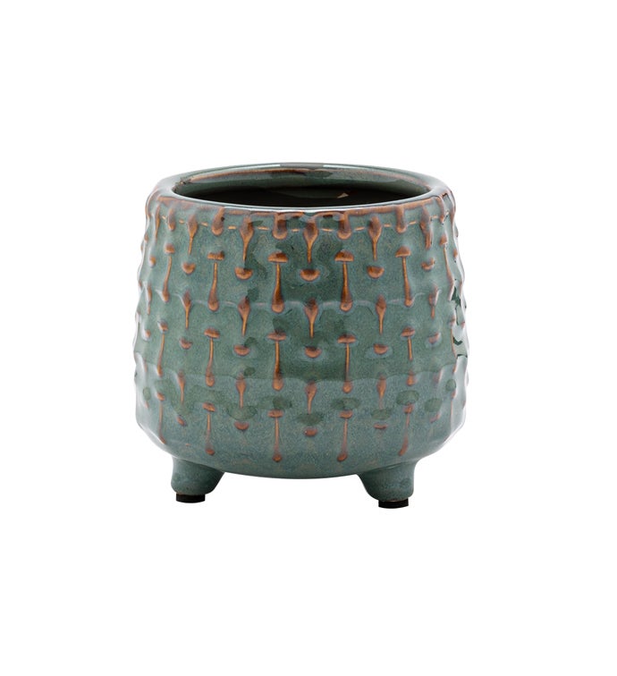 Green Embossed Lines Footed Planter