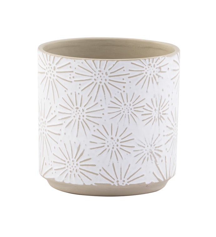 White Embossed Flower Planter