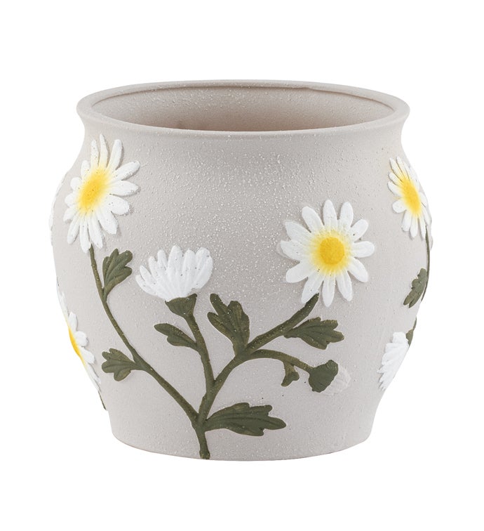 Large White Daisy Gray Planter