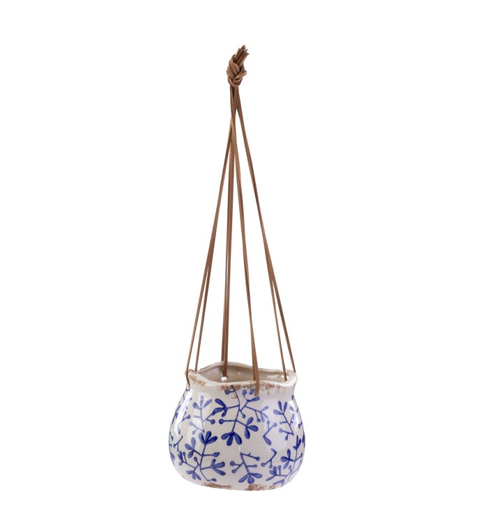 Blue/White Leaf Berry Hanging Planter