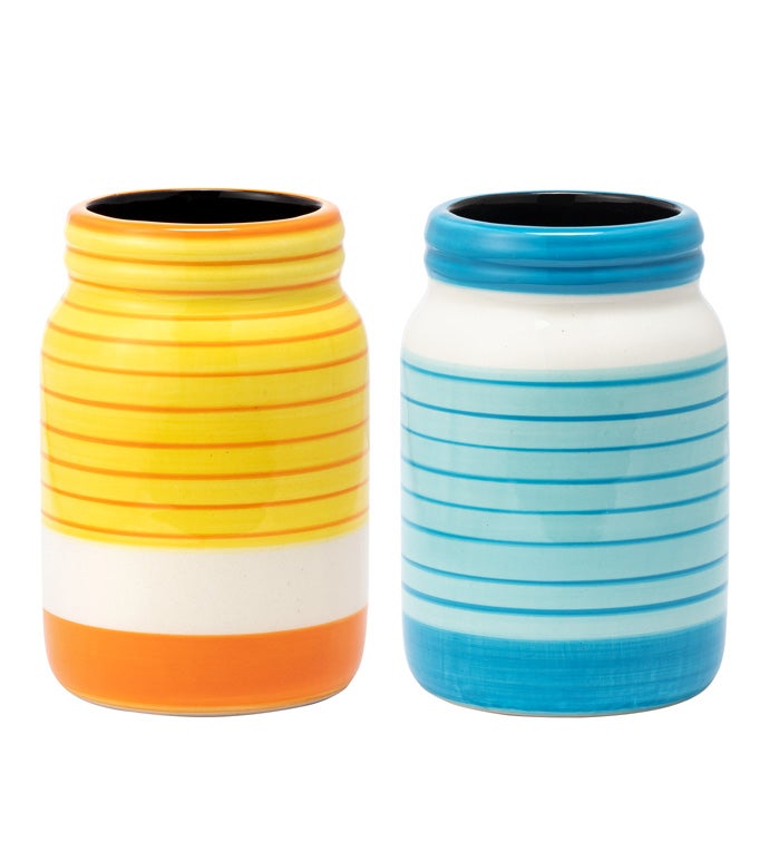 Blue/Yellow Stripe Mason Vase