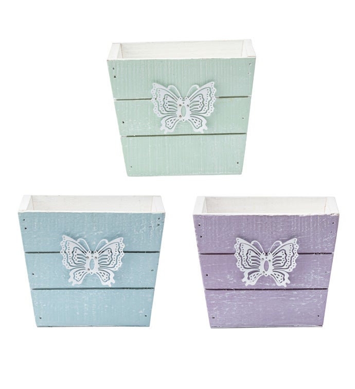 Square Wood Butterfly Planter, 3 As