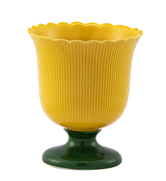 Yellow Ribbed Green Pedestal Planter