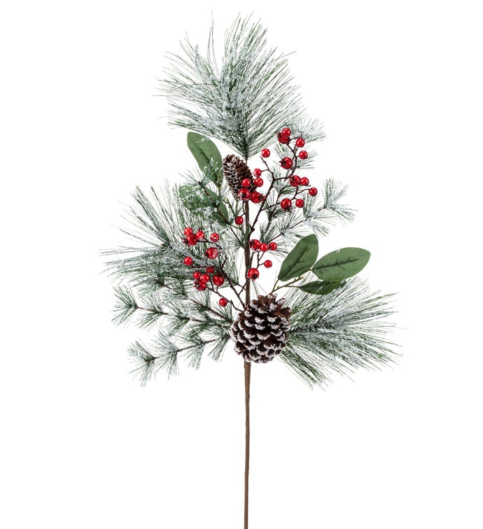 Berry Pine Cone Frosted Leaf Spray