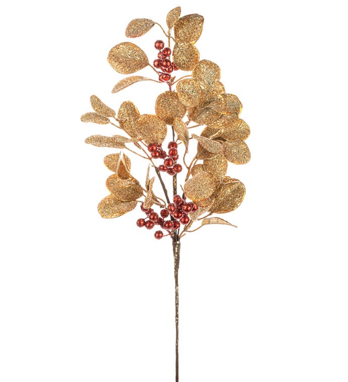Large Gold Glitter Leaf Berry Spray