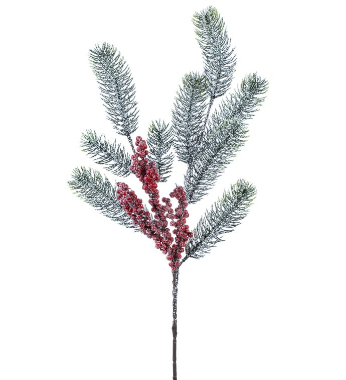Glitter Canadian Pine with Red Berries Spray