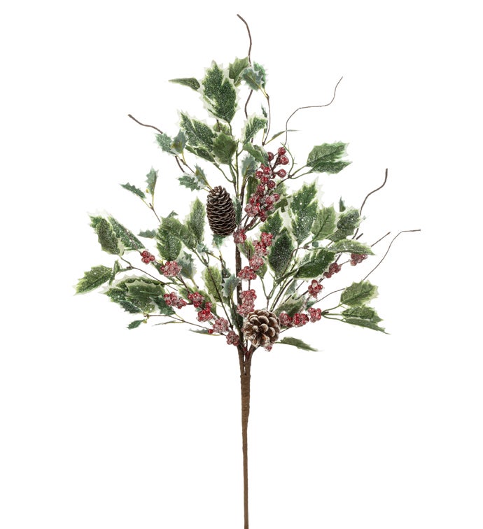 Pine Cone Holly Leaves Berry Spray