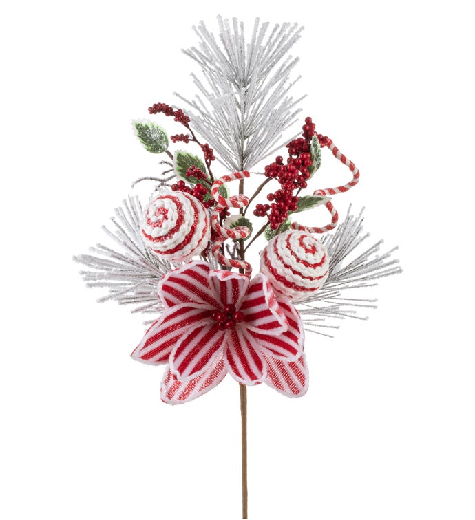 Red/White Stripe Poinsettia Ball Spray