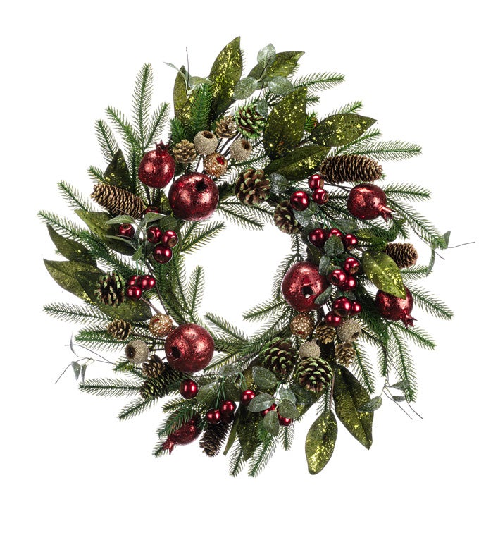 Mixed Foliage Pomegranate/Cone Wreath