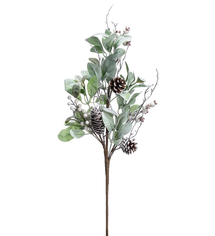 White Berry Cone/Leaves Spray