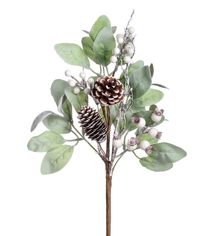 White Berry Cone/Leaves Pick