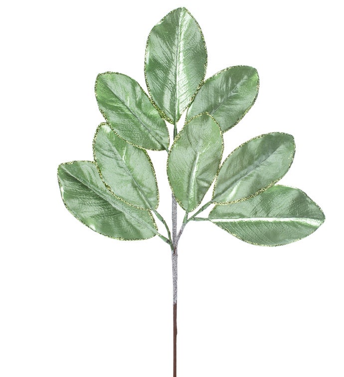 Glitter Edge Metallic Green Leaves Spray