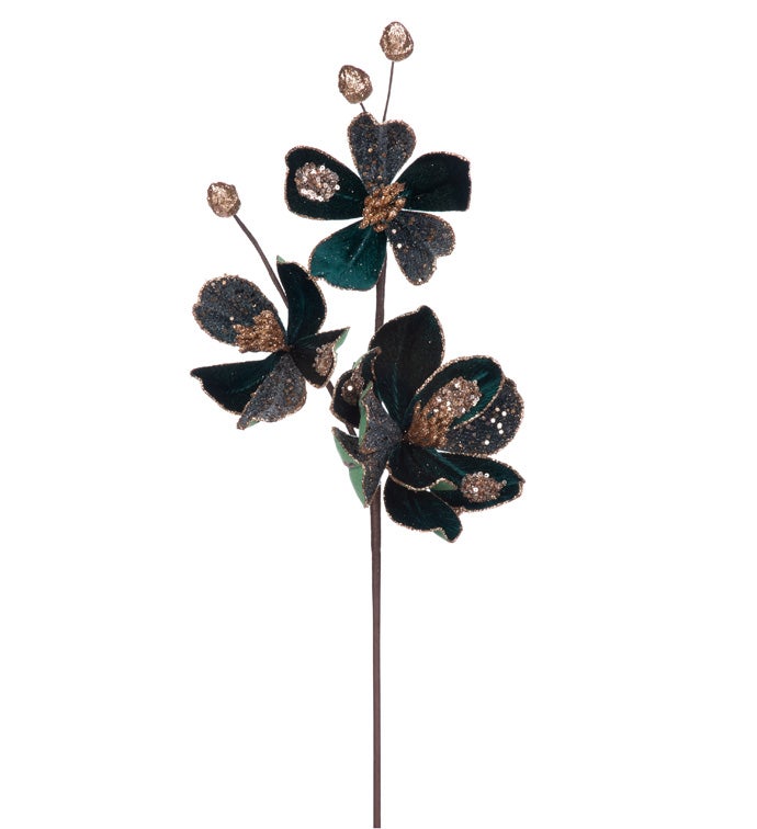 Emerald/Gold Glitter Magnolia Spray