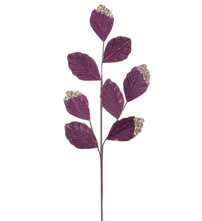 Plum Embossed Glitter Leaf Spray