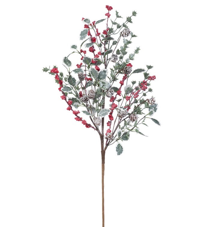 Holly Leaves Red Berry Cone Spray