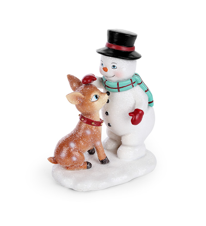 Vintage Snowman with Baby Deer