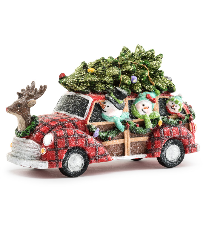 Snowmen in Car with Christmas Tree