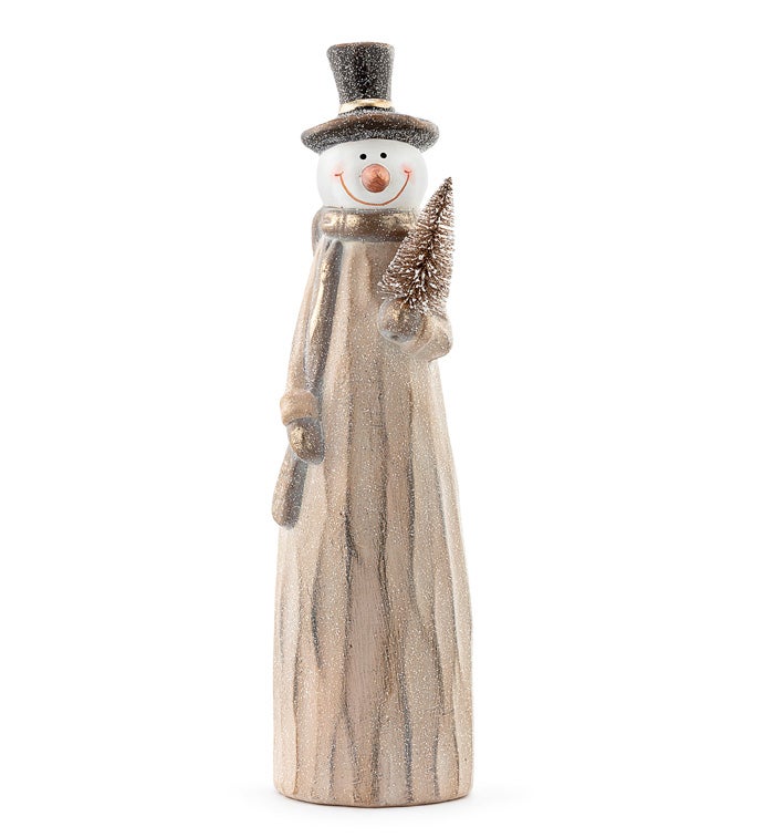 Beige Wood Cut Snowman with Tr