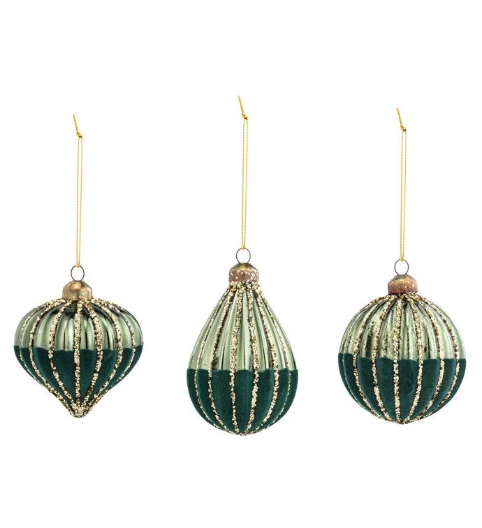 Green w/Gold Glitter Ornament 3 Ast