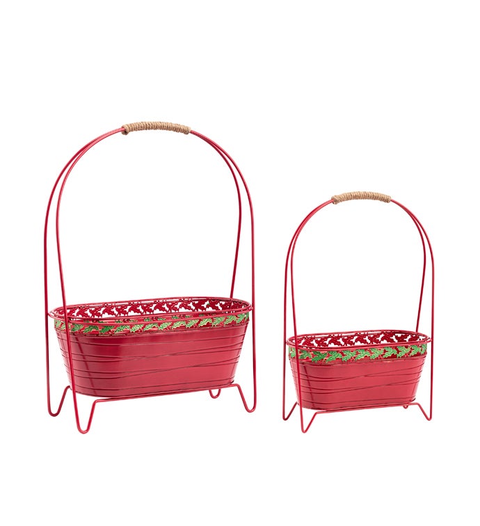 Red/Holly Planter in Stand  S/2