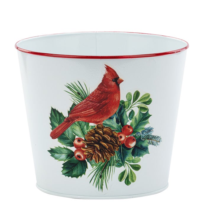 6.5" White & Red Cardinal Pot Cover