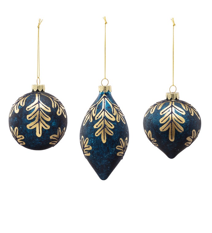 Navy/Gold Leaves Ornament, 3 Assorted
