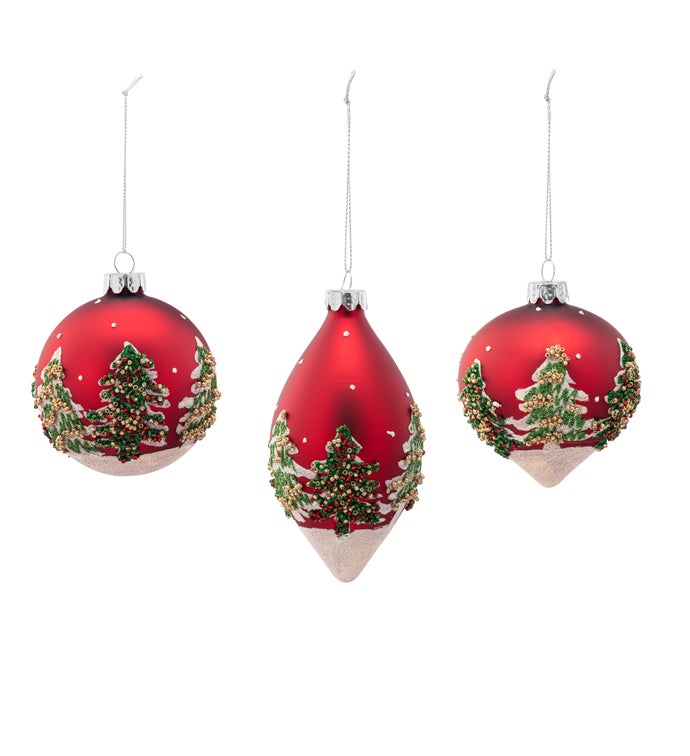 Red with Snowy Trees Ornament, 3 Assorted
