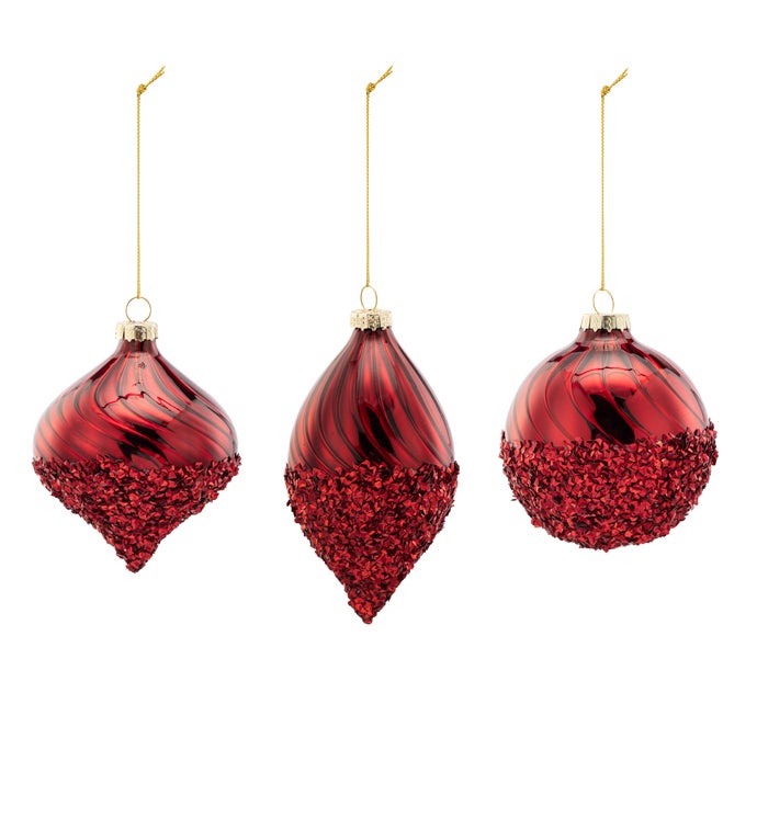 Red Satin/Glitter Ornament, 3 Assorted