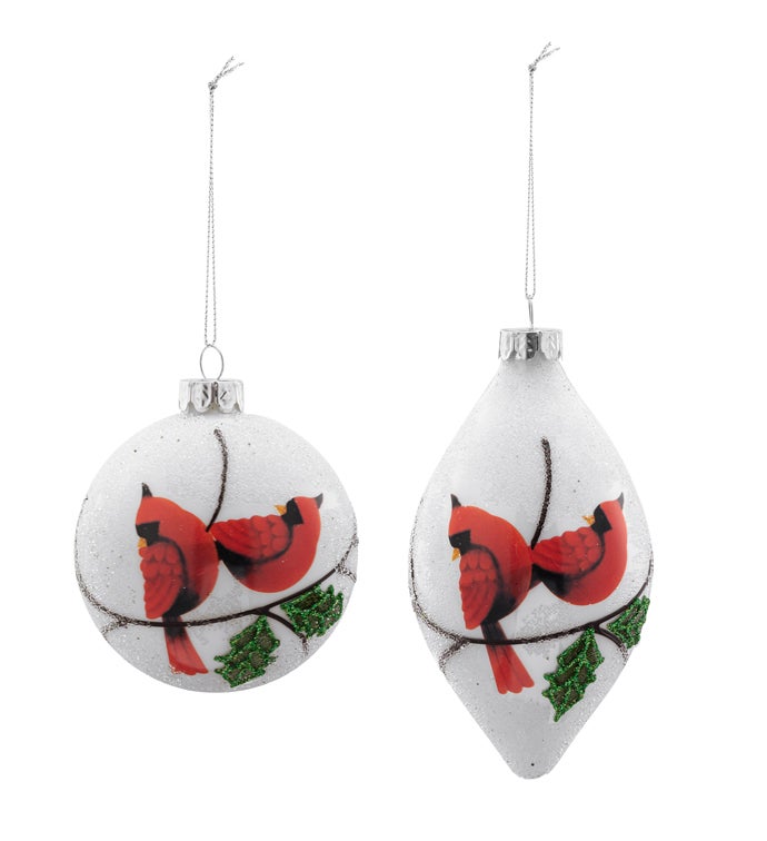 White Frosted Cardinal Ornament, 2 Assorted