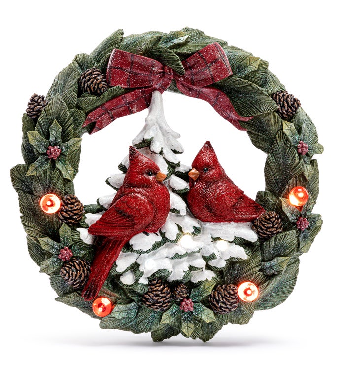 LED Cardinals in Holly Wreath