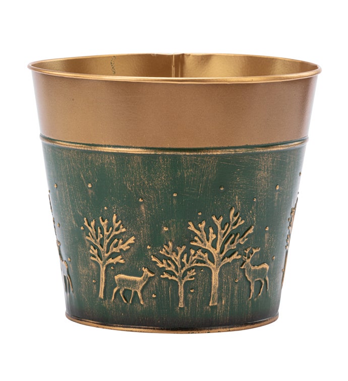 6.5" Green Embossed Forest Pot Cover