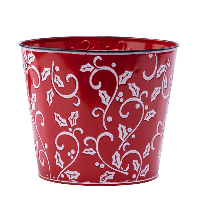6.5" Embossed Holly Leaves Red Pot Cover