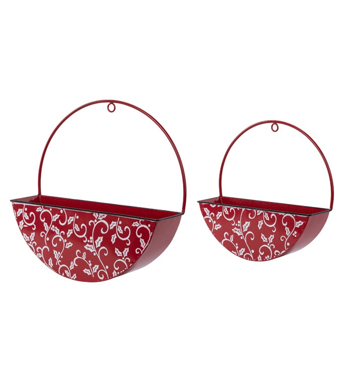 Embossed Holly Leaves Red Wall Planter, Set of 2