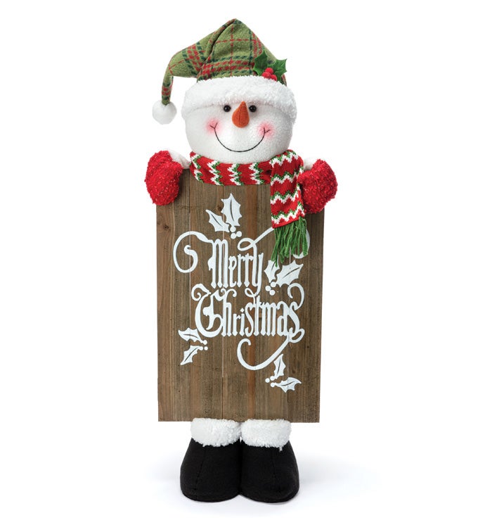 Snowman Holding 'Merry Christmas' Plaque