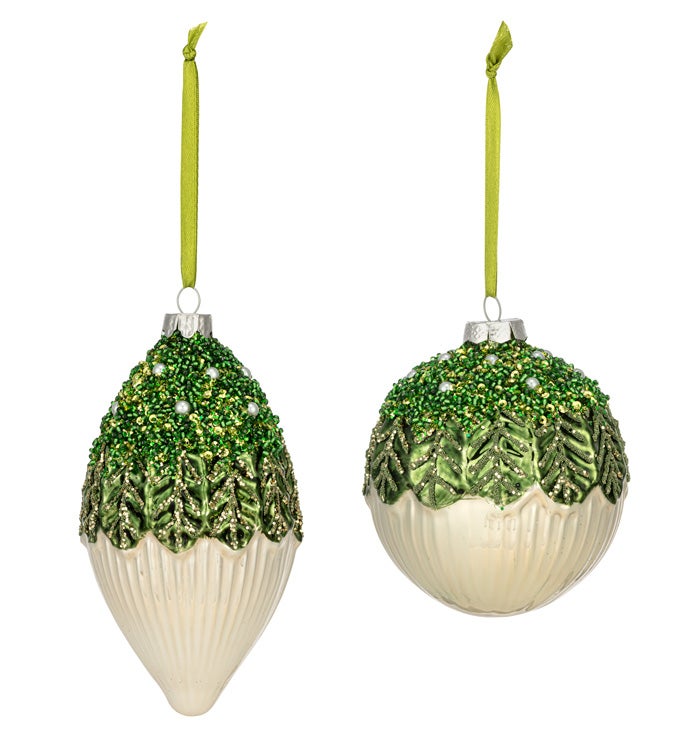 White/Green Pine Ornament  2 Assorted