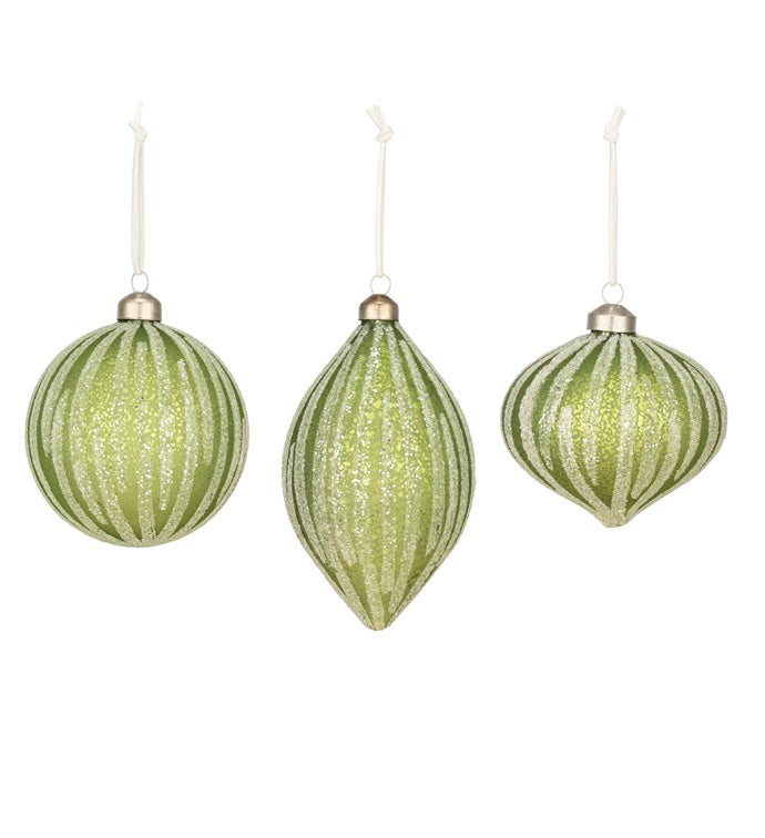 Green Glitter Stripe Ornament  3 Assorted