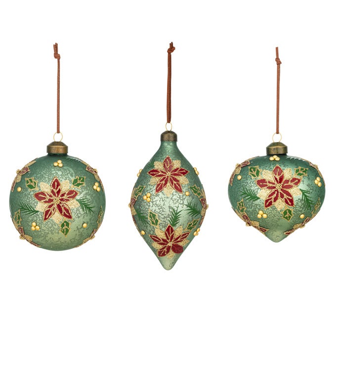 Vintage Poinsettia/Holly Ornament, 3 Assorted