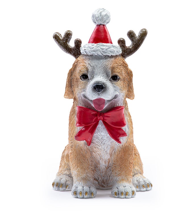 Puppy with Reindeer Hat and Bow