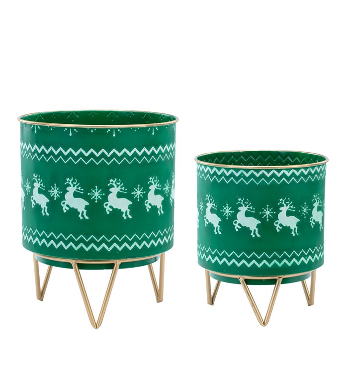 Green/White Deer Plant Stand, Set of 2