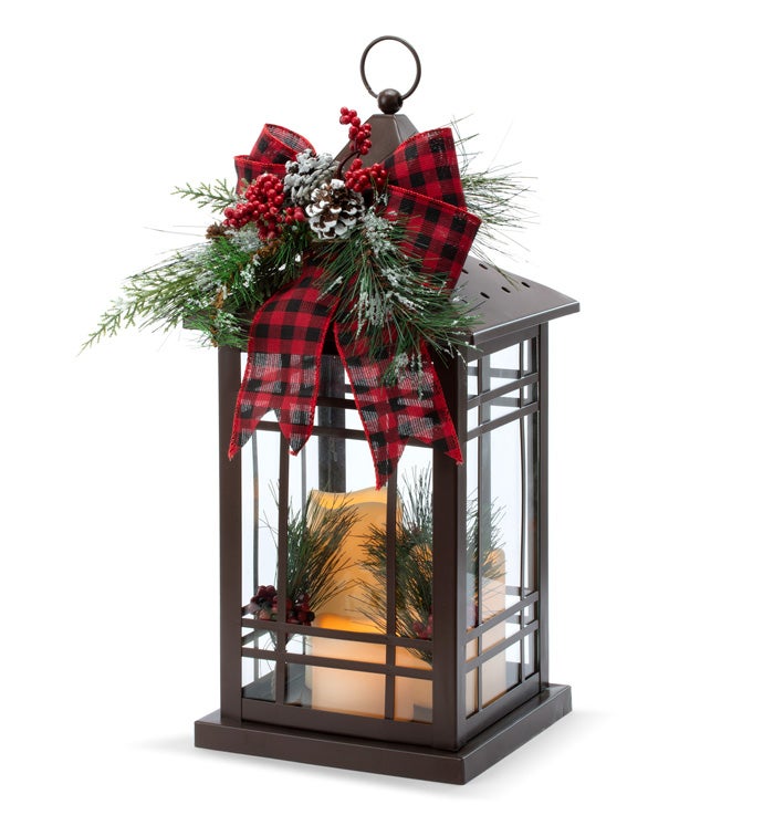 LED Pine/Bow Candle Lantern