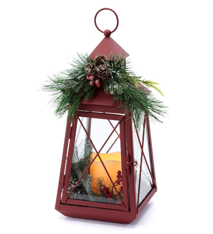LED Pine/Berry Red Candle Lantern