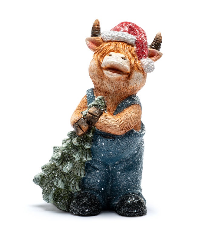 LED Highland Cow Holding Tree