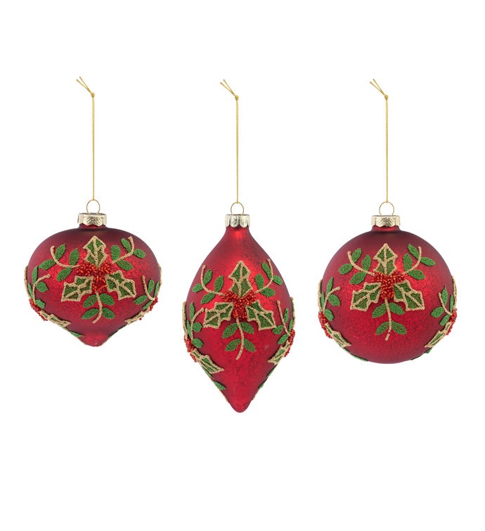 Glass Red Holly Ornament  3 Assorted