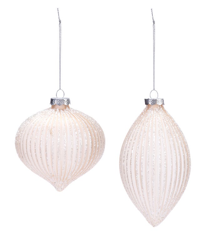 White Glitter Stripe Glass Ornament  2 Assorted