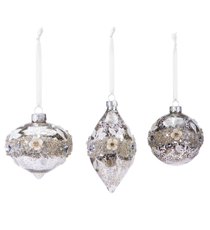 White Glitter Flower Ornament  3 Assorted