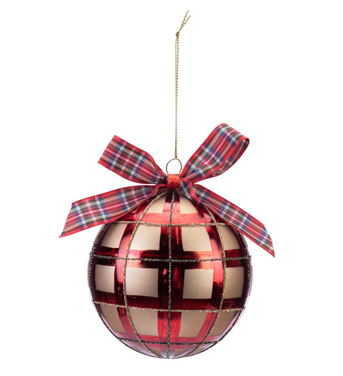 Glass Red Plaid Ornament  3 Assorted