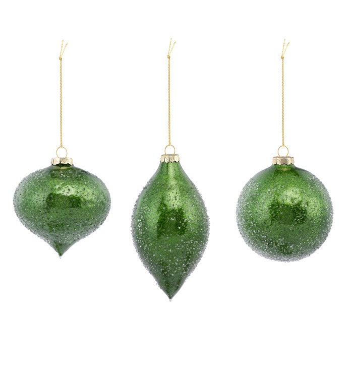 Green Sparkle Glass Ornaments  3 Assorted