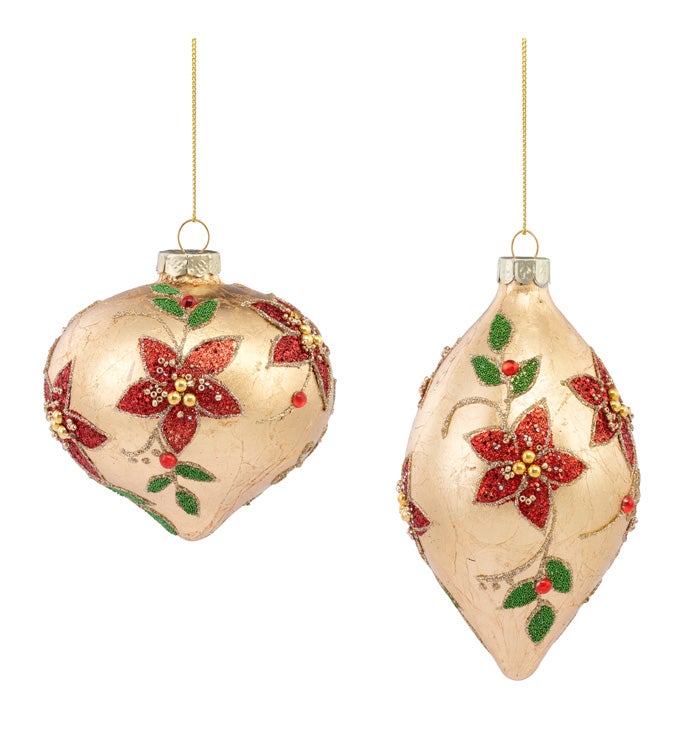 Gold Poinsettia Glass Ornaments 2 Assorted