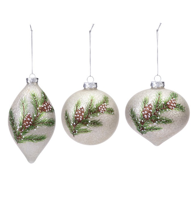 Snowy Pine Cone Glass Ornaments 3 Assorted