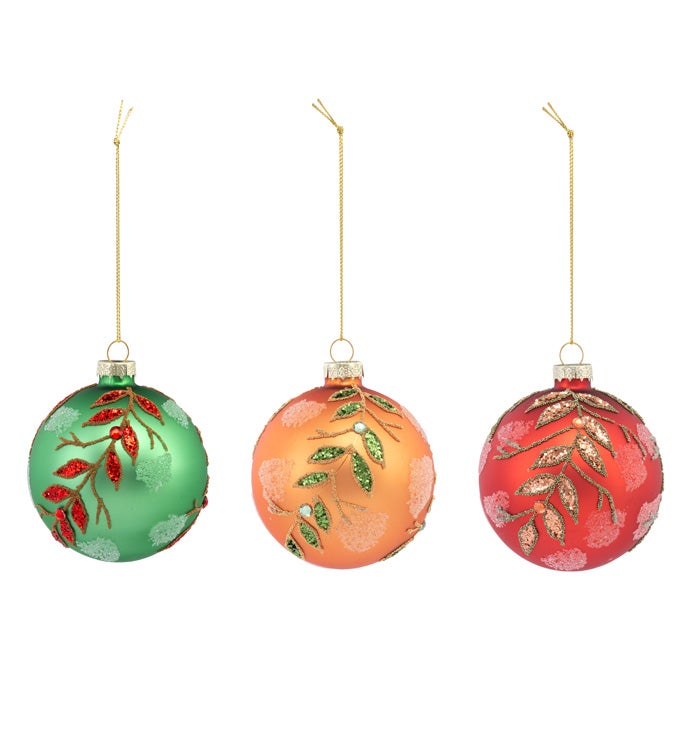Orange/Green/Red Glass Ornaments 3 Assorted